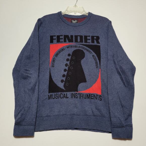 Fender Guitar Lucky Brand Logo Sweatshirt Medium Sweater Men's Blue Long Sleeve - Picture 1 of 10
